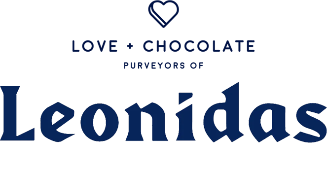 Leonidas Chocolate brand logo below logo for Love + Chocolate Shop and text that reads 'Love + Chocolate Purveyors of Leonidas'