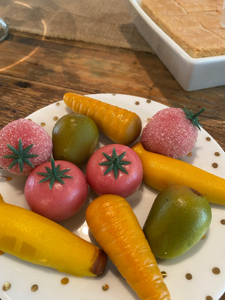 assorted marzipan animal and fruit shaped sweets