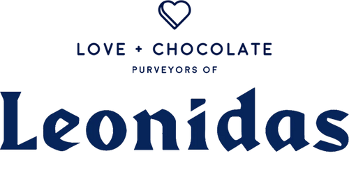 Leonidas Chocolate brand logo below logo for Love + Chocolate Shop and text that reads 'Love + Chocolate Purveyors of Leonidas' 